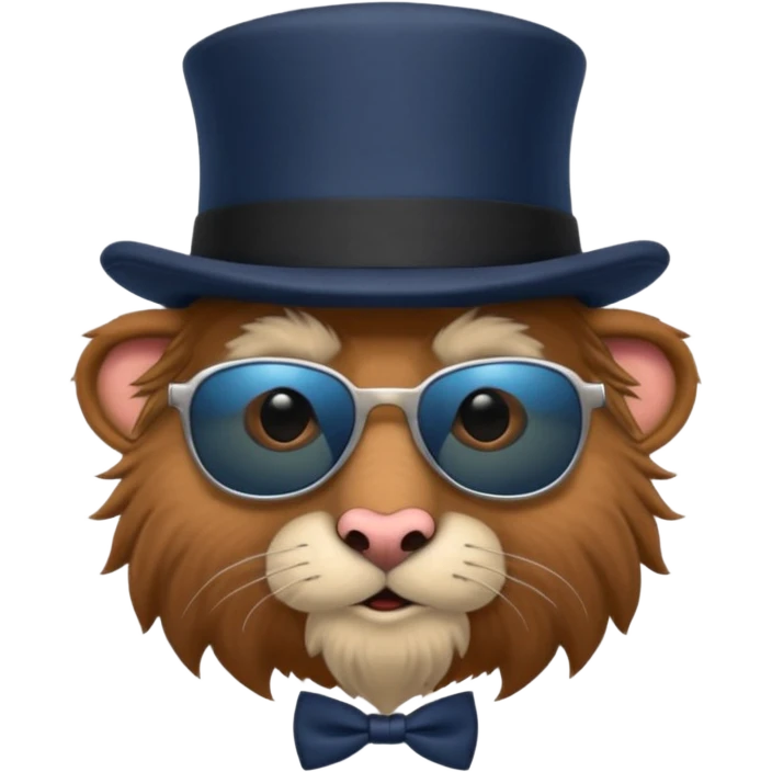 furry brown dwarf creature with a big nose and wears dark sunglasses, a black top hat, and navy blue tie and no clothes on  emoji