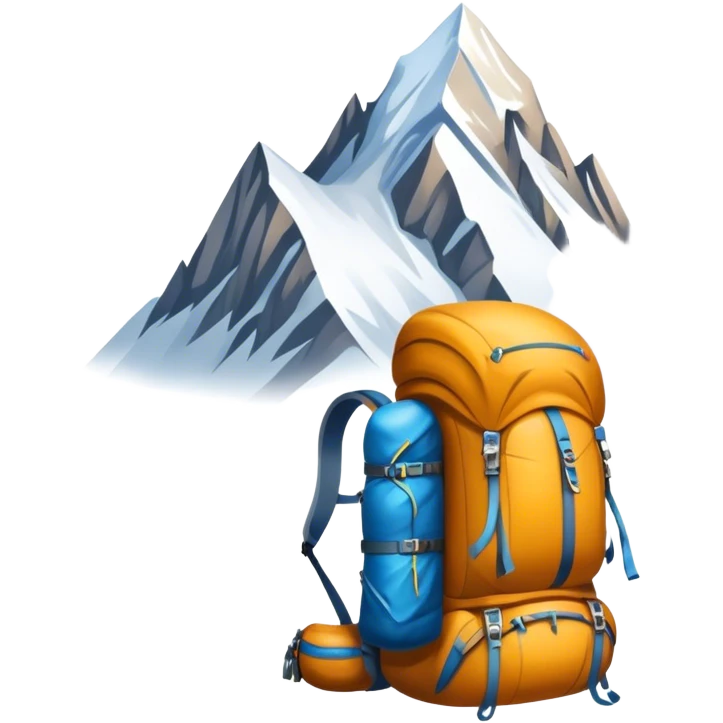 Icon for Mountain Tourism and Climbing: a mountain peak in the background, climbing gear and backpack. The icon should capture the adventure and challenge of alpine exploration. Transparent background. emoji
