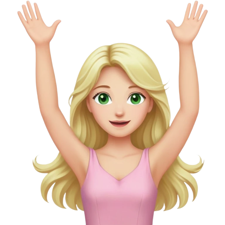 blonde with long hair and swamp green eyes, pink pastel dress, arms raised in joy emoji