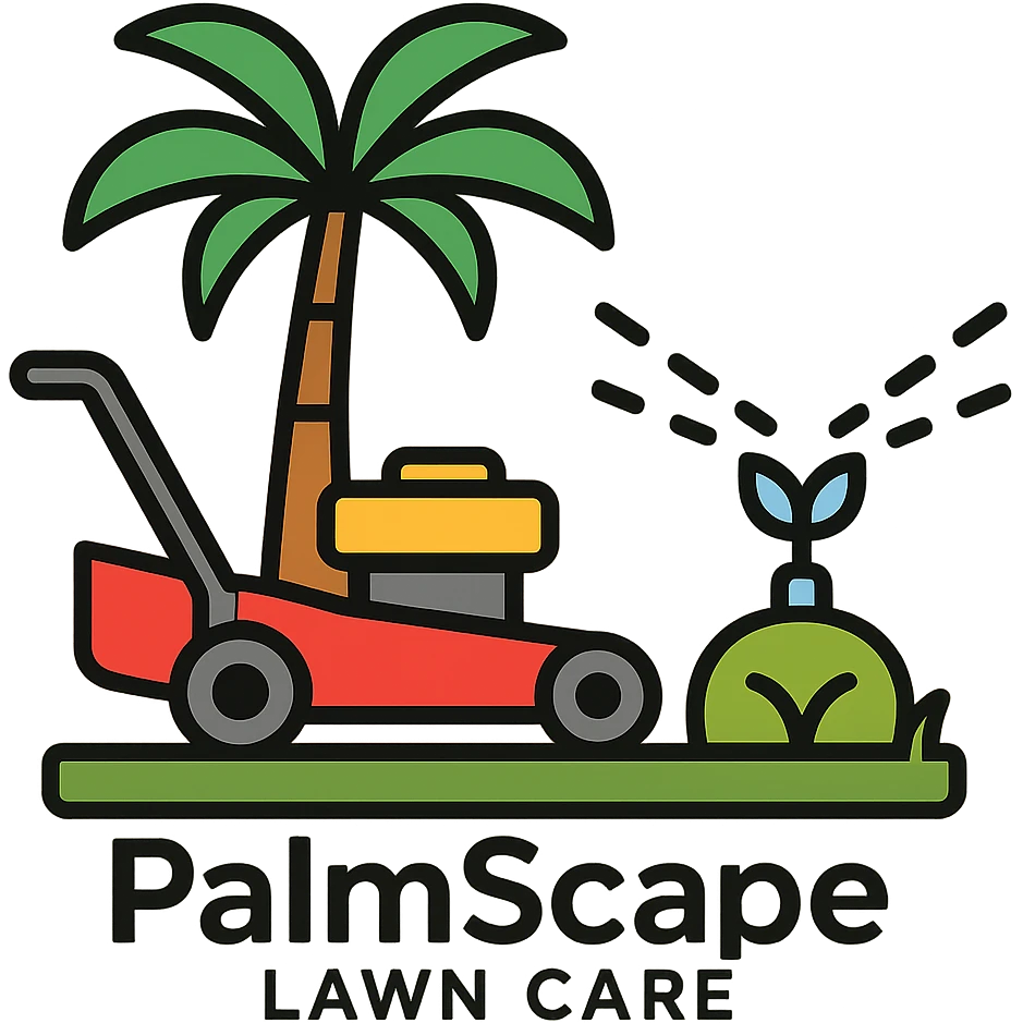 Add the company name text 'PalmScape Lawn Care' in a clear, friendly font below the logo. emoji