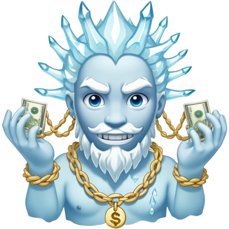 ice elemental shaped more like a human—think tall, jointed limbs, maybe even facial expressions made of ice or snow flaunting money wearing gold rope chain emoji