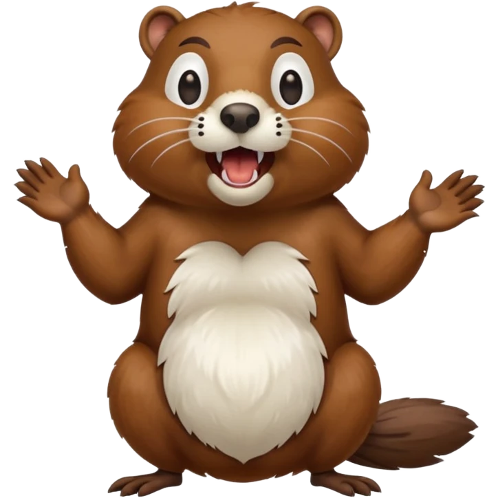  A crazy beaver is standing on its hind legs with its front paws stretched out in front of it. It has a brown fur coat with white fur around its eyes and nose. mouth is open, revealing sharp teeth.  emoji