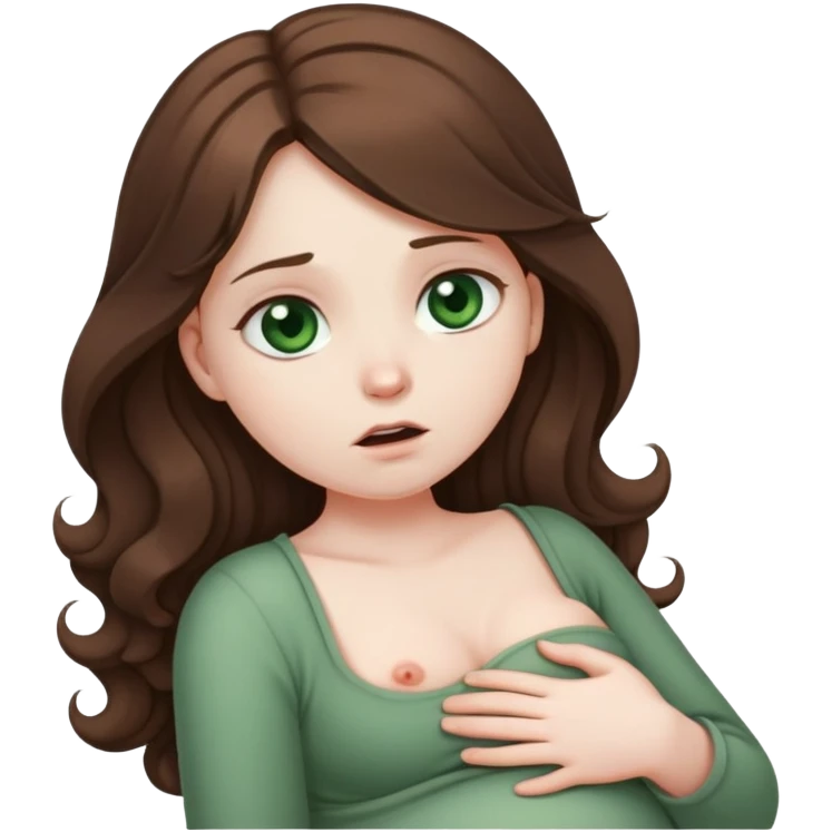 Girl with curled brown long length hair and very dark green eyes with belly ache emoji
