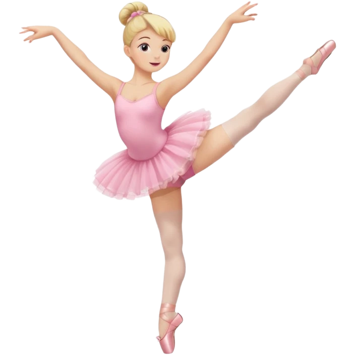 aestethic blonde girl doing ballet, with a pink tutu, bun, with a leg on the floor, and the other one in the air emoji
