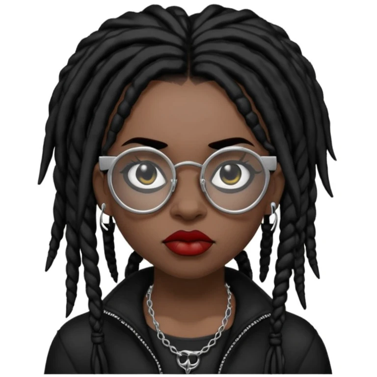 Black goth girl with piercings on both her brows, septum and lips with black dreadlocks and block glasses  emoji