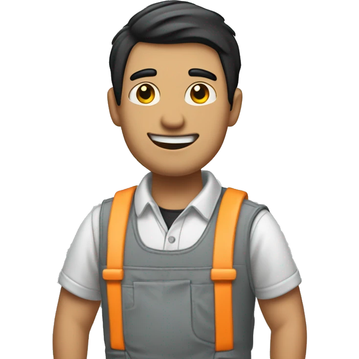 Create an emoji of a guy in work clothes (mechanic) with black hair being proud holding and showing his license on his hand emoji