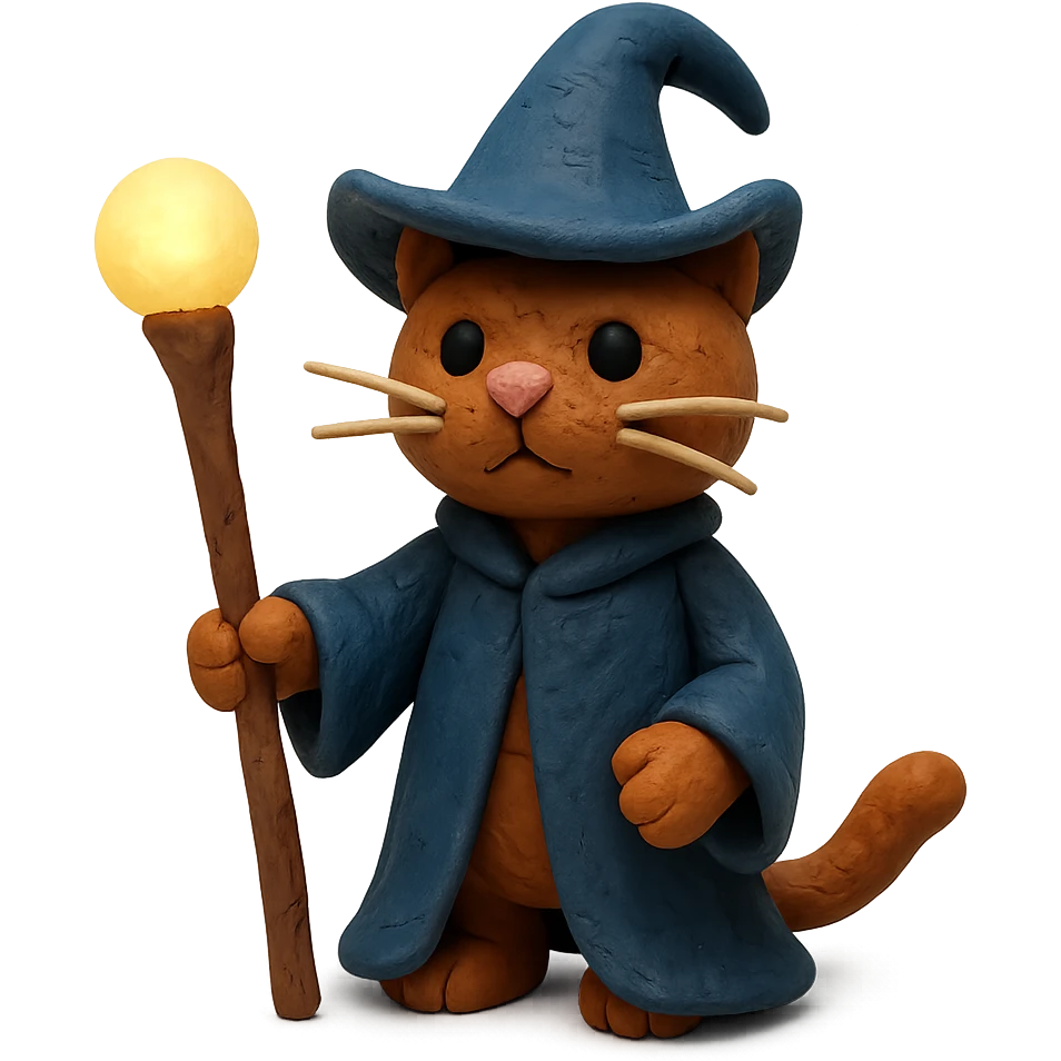 claymation style wizard cat with wizard hat and glowing staff emoji