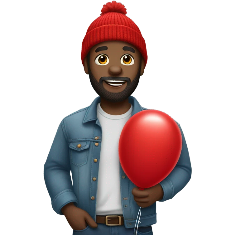 beard black guy with red beanie jean shirt and red balloon in hand emoji