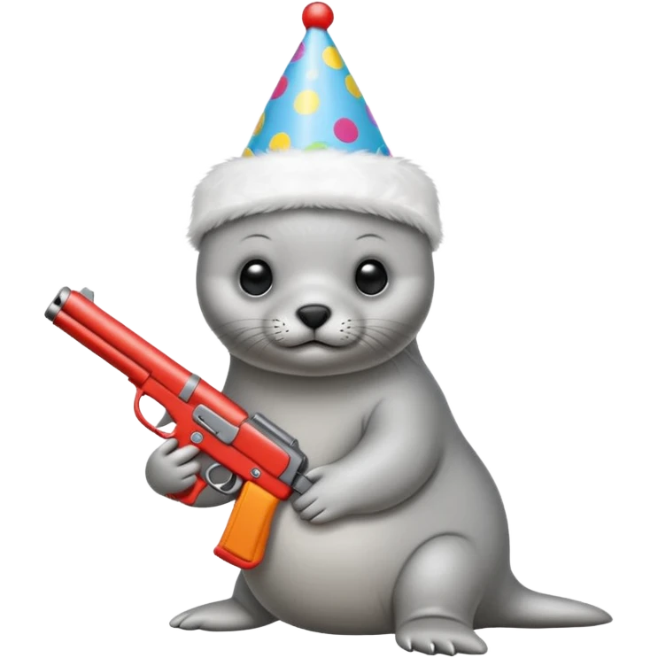 Baby seal wearing birthday hat holding a gun emoji