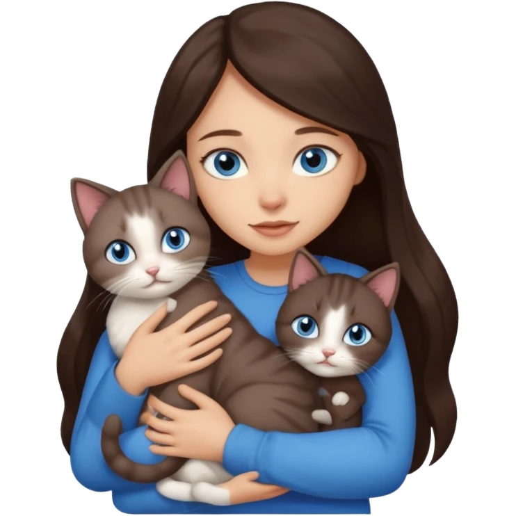 a pretty girl with long dark 
brown hair, with blue eyes, hugs 3 different natural coloured small cats emoji