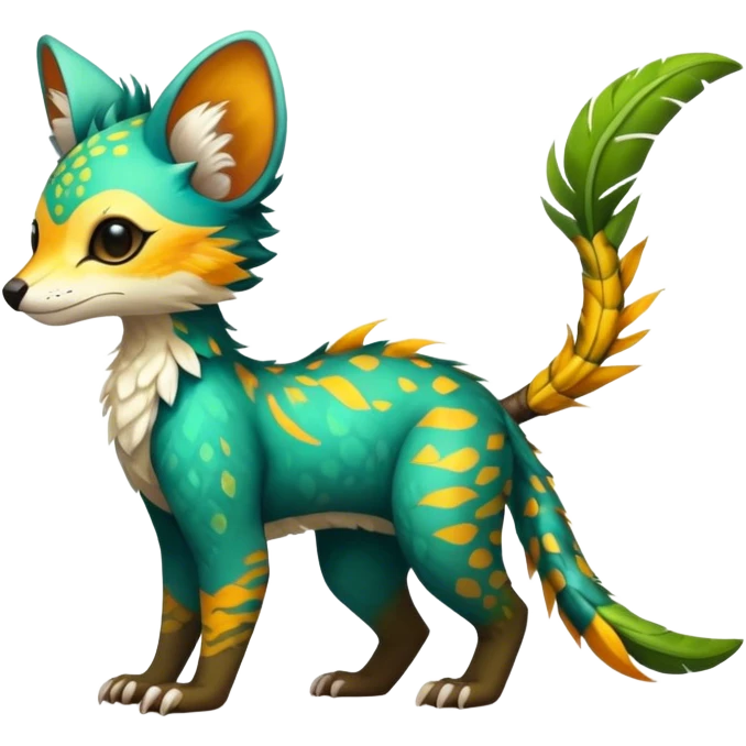 Feral Rare Fantasy vibrant tropical Vernid-Trico-jungle-animal-species-hybrid by LiLaiRa, random markings, tufted tail, tufted ears, full body emoji