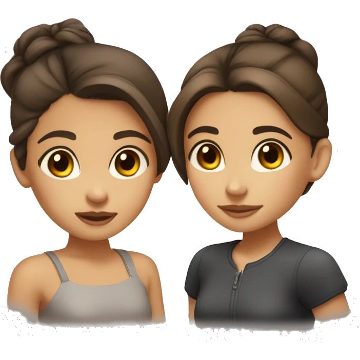 two girls are kissing, one of them has light skin, brown eyes, dark brown hair in a bun, the other has light skin, gray eyes and long brown loose hair emoji