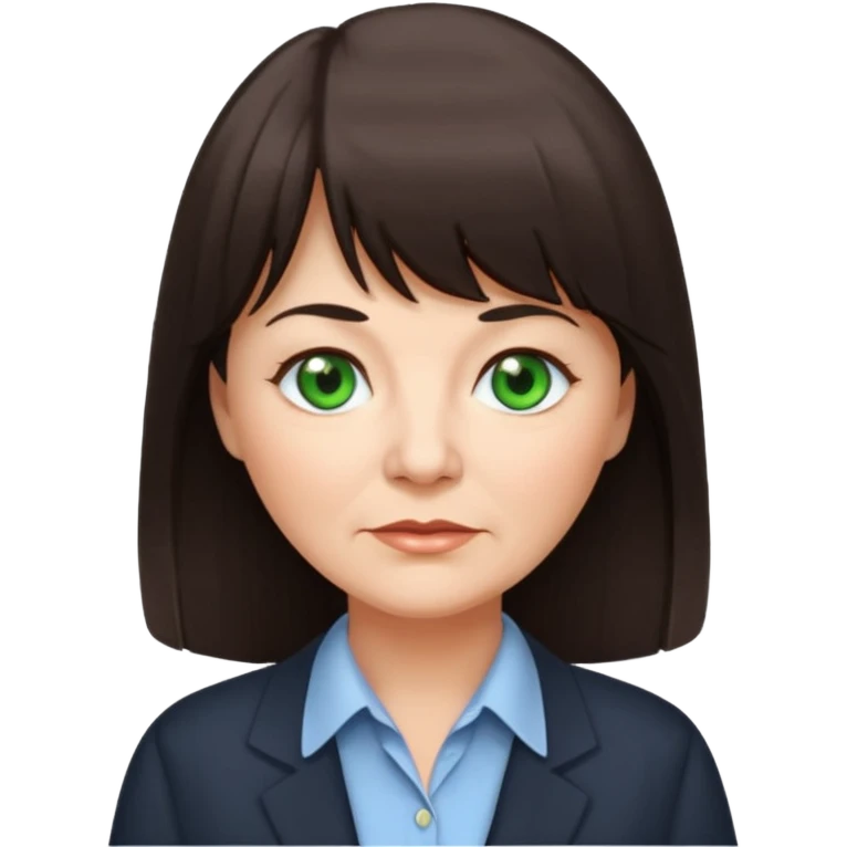 60 yr old woman, green eyes, long straight dark brown hair, business shirt, chubby, bangs emoji