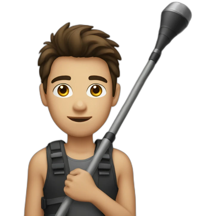 Brunette young Man holding boom pole emoji