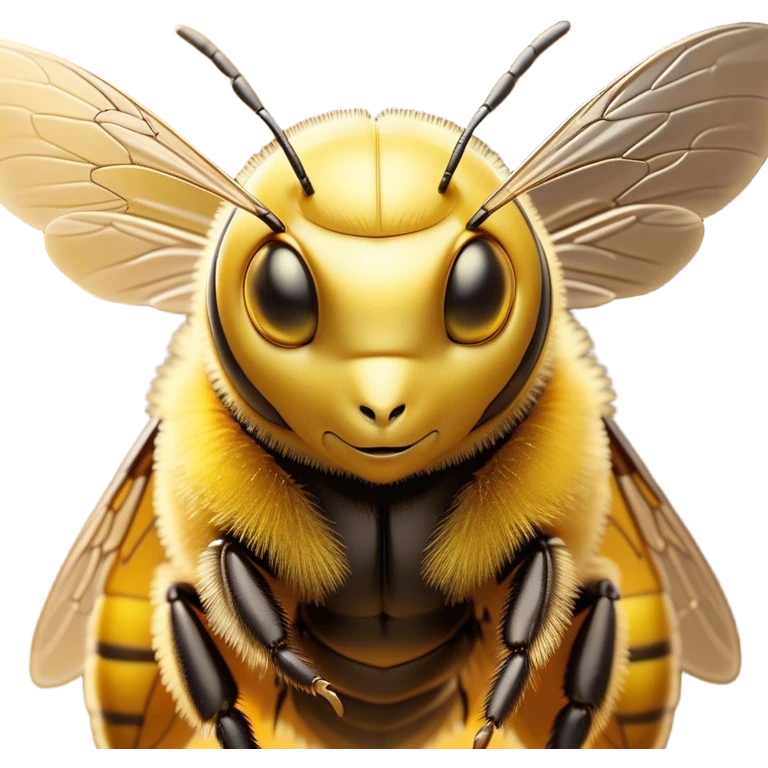Cinematic Noble Bee Portrait Emoji, Poised and industrious, with a compact, fuzzy body in golden-yellow hues, delicate translucent wings, and a focused, determined expression with sparkling eyes, Simplified yet sharp and sophisticated features, highly detailed, glowing with a soft, sunny radiance, high shine, intelligent and diligent, stylized with an air of natural elegance, focused and alert, soft glowing outline, capturing the essence of a watchful bee that appears ready to buzz out of the screen with effortless authority! emoji
