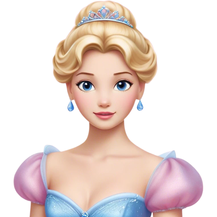 Cinematic Realistic Cinderella Portrait, depicted with lifelike skin texture, subtle rosy undertones, and soft natural lighting that enhances the gentle contours of her face. Her intricately detailed golden blonde hair is elegantly styled in an updo, with delicate wisps framing her face for added realism. Her deep, expressive blue eyes radiate warmth and sincerity, reflecting a quiet resilience and grace. She is dressed in her iconic ball gown, the fabric shimmering with intricate embroidery and fine translucent layers that catch the light beautifully. The soft sheen of satin gloves and the delicate sparkle of a glass-like slipper peeking from beneath her dress add a touch of magical realism. The portrait features an enchanting glow with a natural, luminous finish, seamlessly blending realism and fairytale charm to evoke a sense of depth, elegance, and timeless beauty. emoji