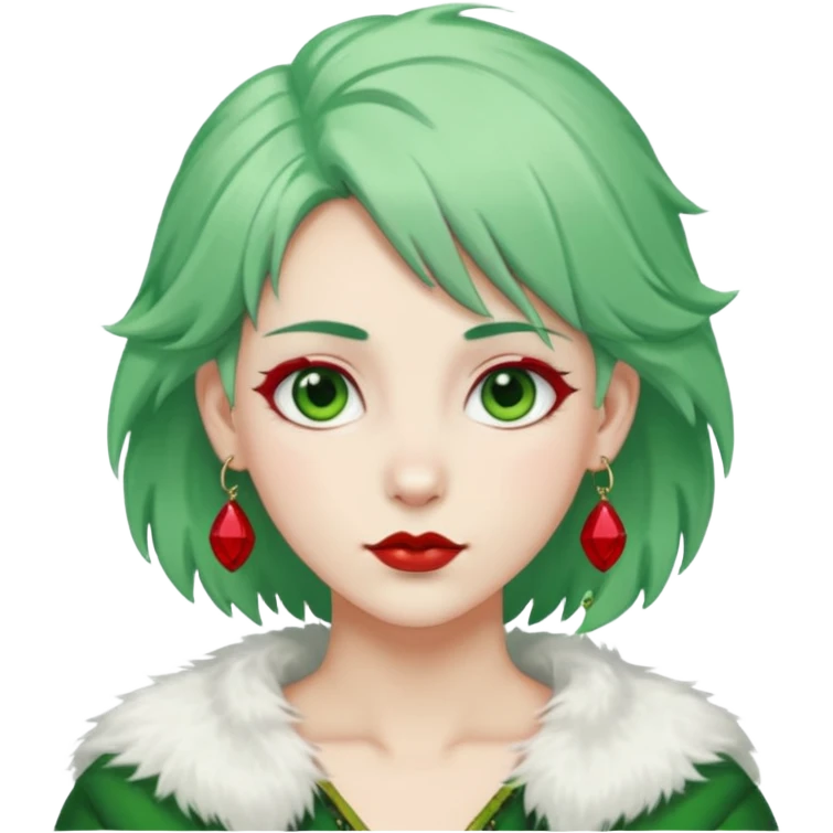 white furred unicorn with green hair and big red earrings looking into camera emoji