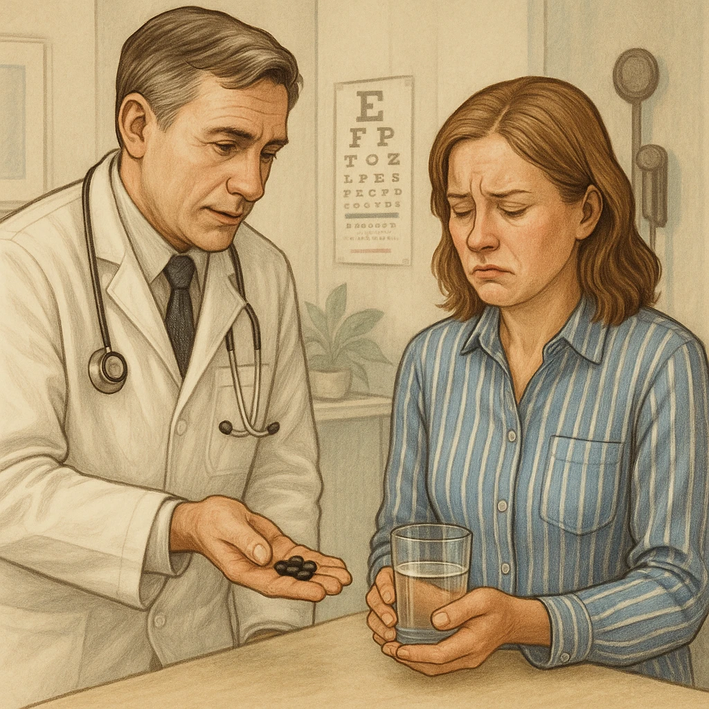 A realistic or illustrative style image of a doctor in a white coat giving pills to a woman with a suffering expression. The woman holds pills and a glass of water. The background is a medical office, inspired by the reference image. emoji