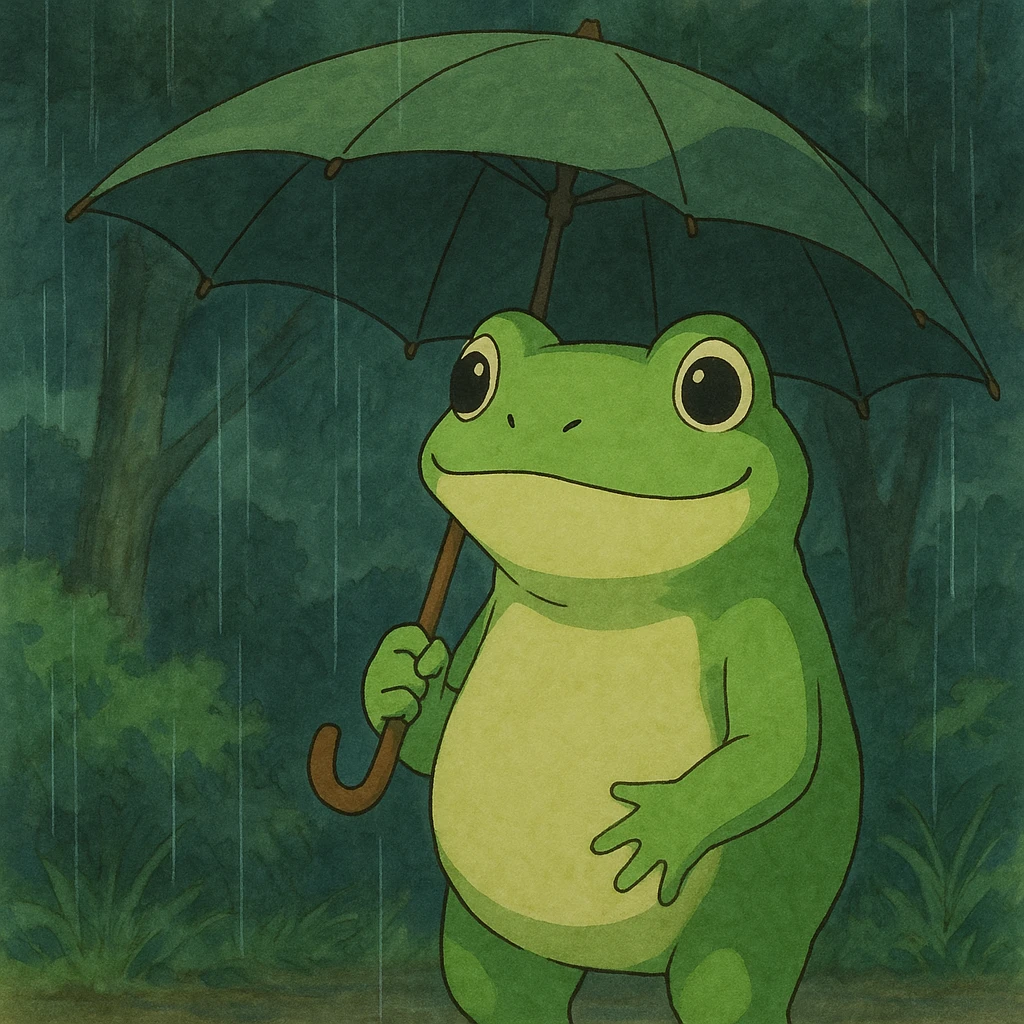 friendly frog holding an umbrella, ghibli style emoji