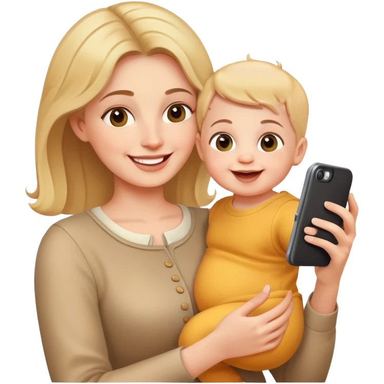 happy mother holding phone taking selfie with smiling baby emoji