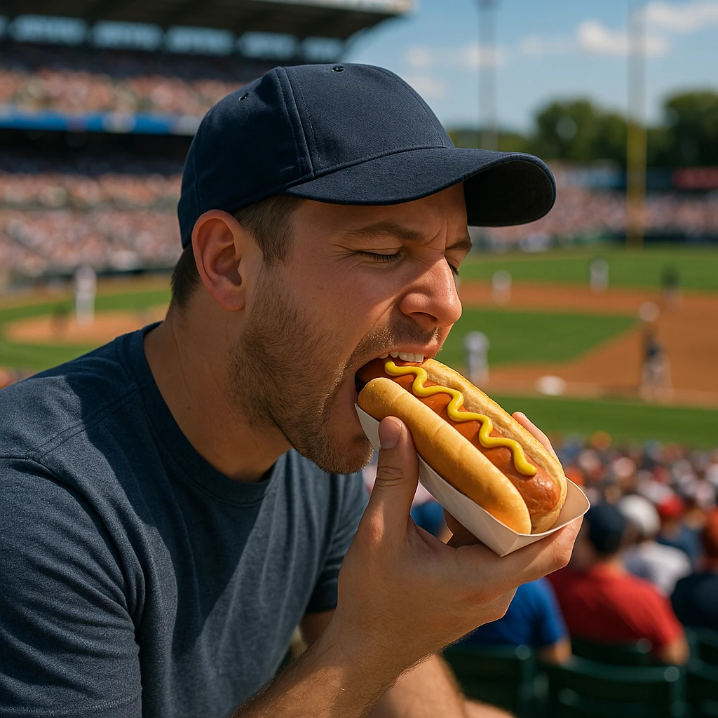 man eating a hot dog at a baseball game emoji