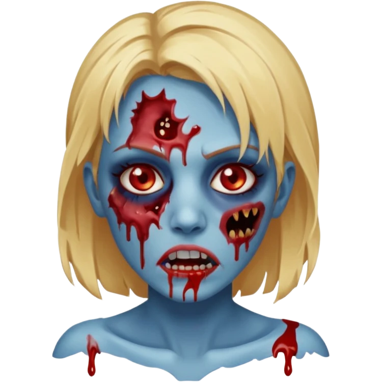 zumbi feminino com cortes no rosto, olhos baixos e vermelhos, cabelo loiro e rosto azul escuro, boca e olhos sangrando cm fundl azul e mais sangues possível emoji
