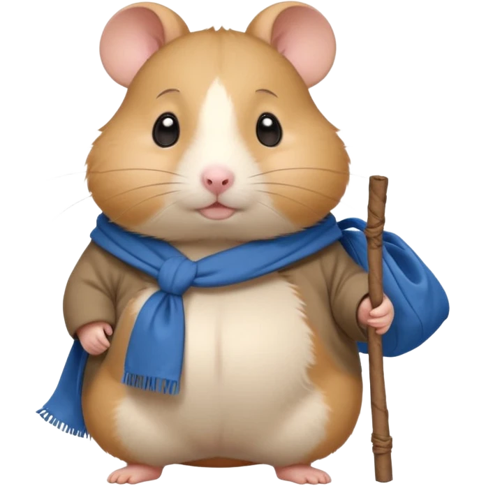Cute fat cartoon-style hamster, standing upright like a traveler, carrying a stick with a tied blue cloth bundle (bindle) over its shoulder. Painted in a soft, hand-drawn style with light shading, expressive big eyes, and a slightly whimsical, melancholy expression. emoji