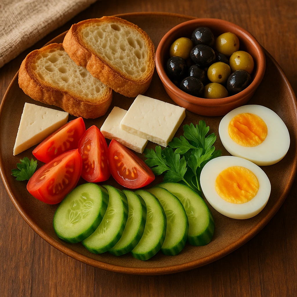 a warm and inviting Turkish breakfast plate filled with cheese, olives, tomatoes, cucumbers, eggs, and slices of bread, beautifully arranged emoji
