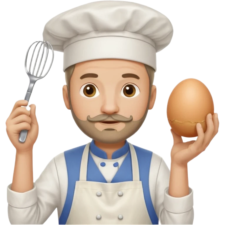 Middle aged male pastry chef - with a small beard, apron, white hat, holding an egg beater in one hand and naturally drooping in the other hand emoji