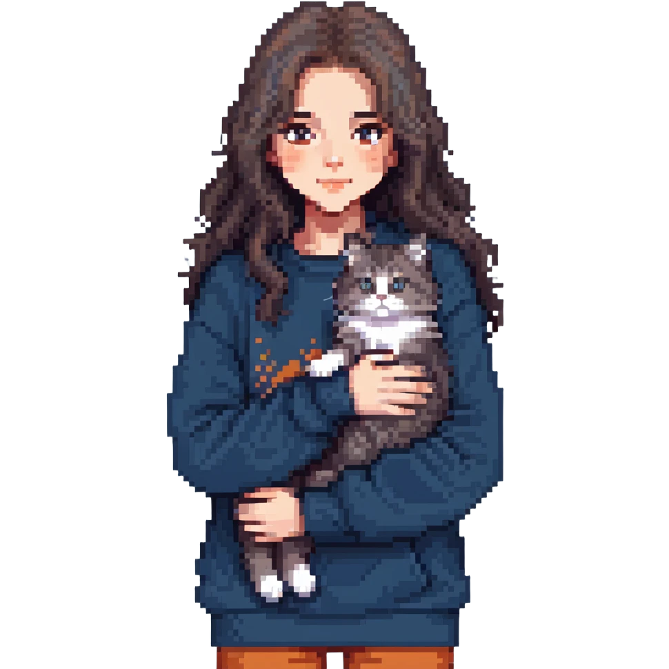 Brunette girl with dark blue sweatshirt lovingly holding a grey Siberian cat, detailed pixel art emoji