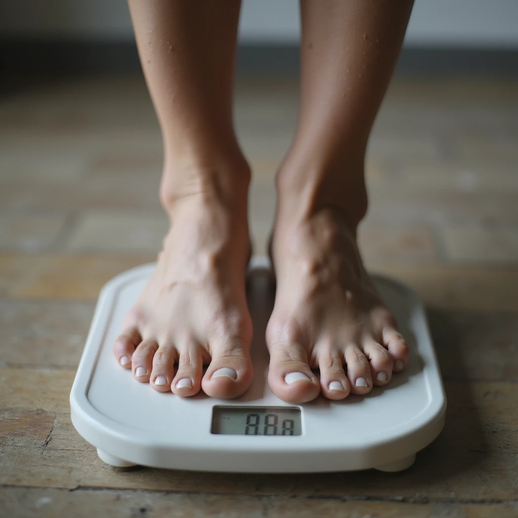 close-up hyperrealistic 4K image of a scale with numbers slowly rising, adult person's feet on it emoji