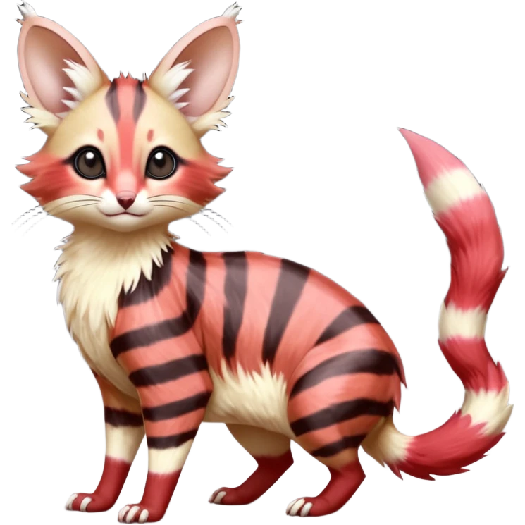 sanguine-red-streaked realistic divine beautiful elegant pretty precious cute young youthful  Fakémon-Pokémon-alien-opossum-feline-serval-caracal-chinchilla-Minccino-hybrid-creature with a big fluffy bushy striped tail (full body) emoji