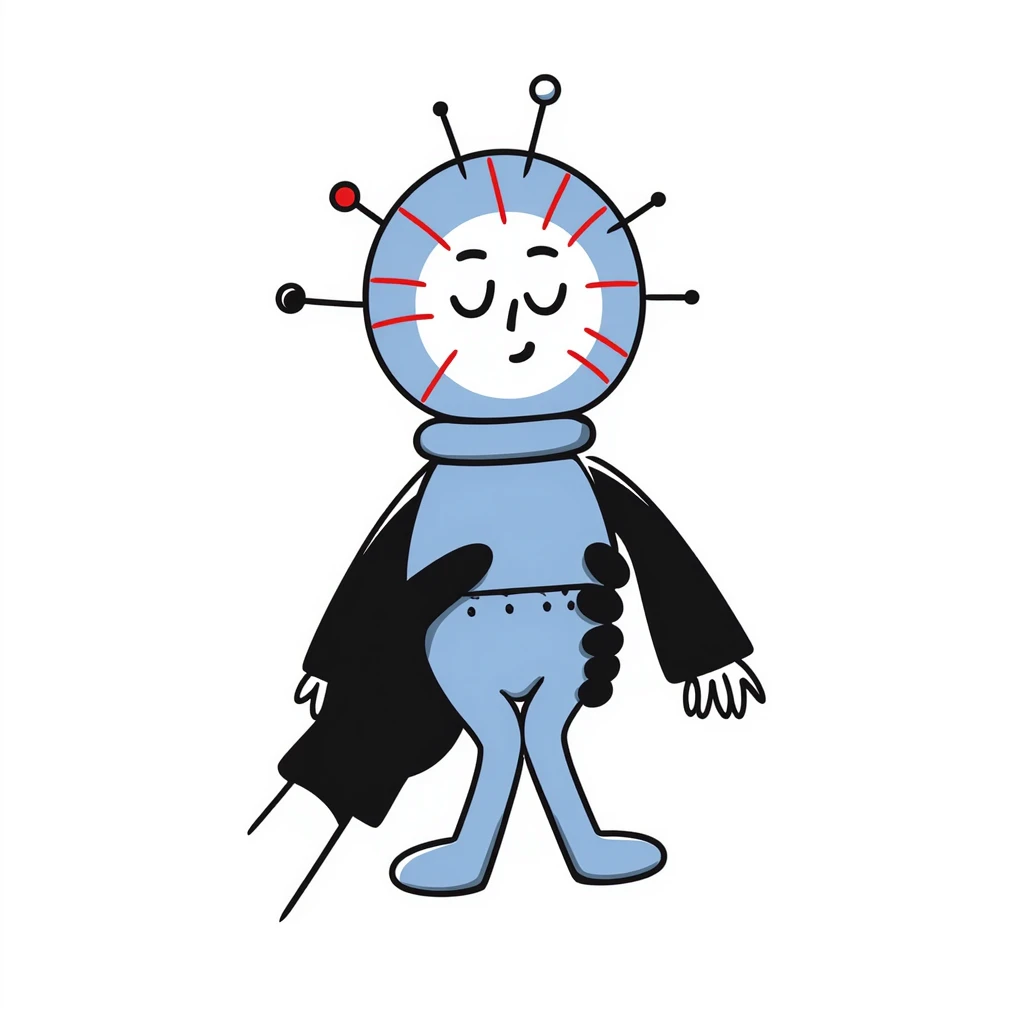 A hand-drawn voodoo doll with Carolina blue fabric and red thread stitches, looking slightly creepy with pins emoji