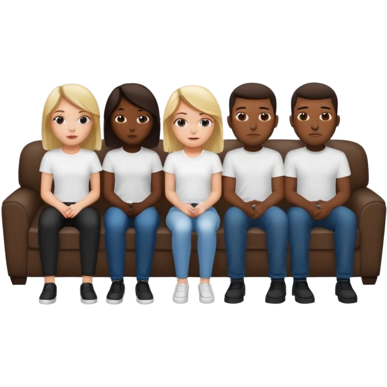 A white girl sitting alone on a couch with 5 black men in white shirts behind the couch. Recreate the popular meme  emoji