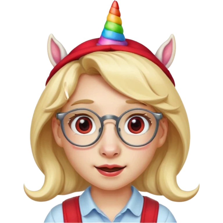 unicorn face cute wearing cute red hat, horn piercing through the hat looking in the camera, blond hair and spectacled. with big horn emoji