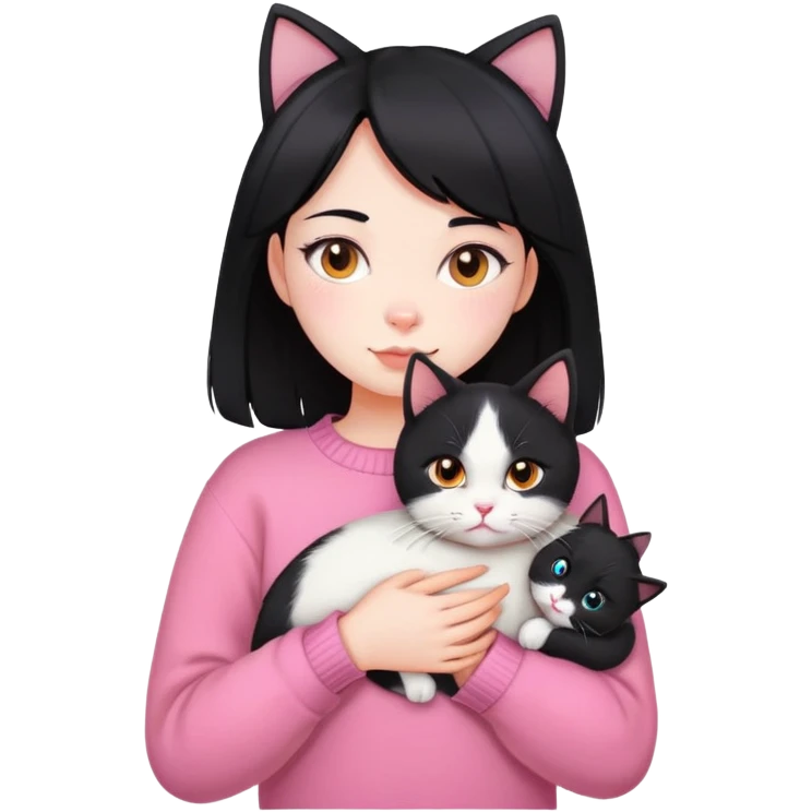 girl with black hair holding a tri-colored cat (black, orange, white) wearing a pink sweater emoji
