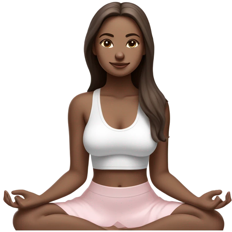 a girl with brown long hair, white skin tone with brown eyes, meditates in a relaxed lotus position in a comfortable monochrome white bra top and monochrome pink short skirt emoji
