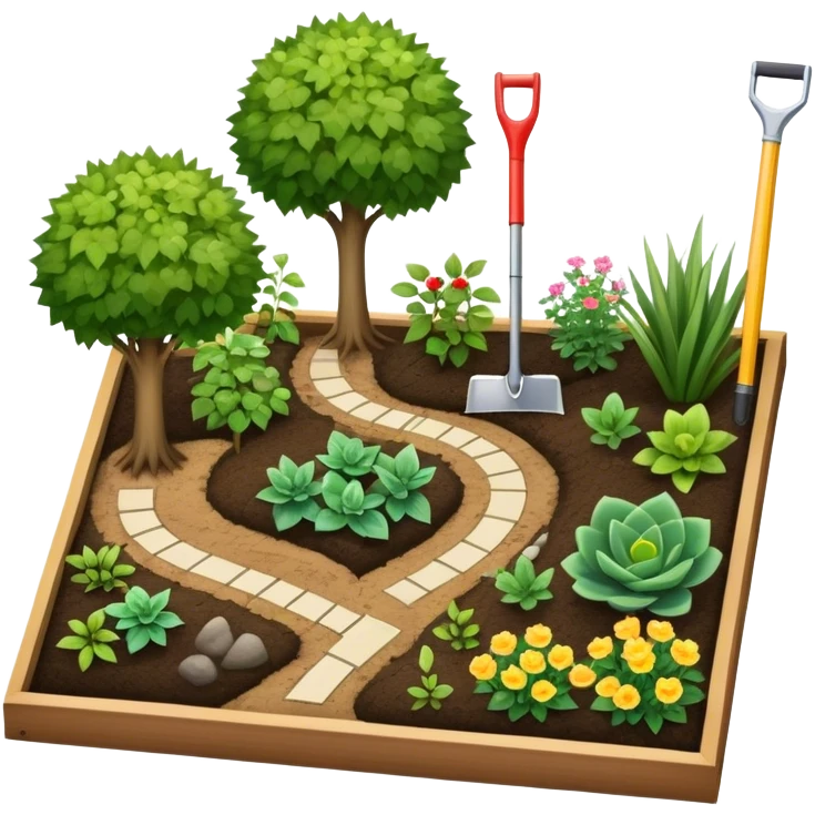 Icon for Landscape Design: a garden layout with plants, trees, paths, and design tools like a spade, pencil and measuring tape. The icon should represent creativity in outdoor space planning and gardening. Transparent background. emoji