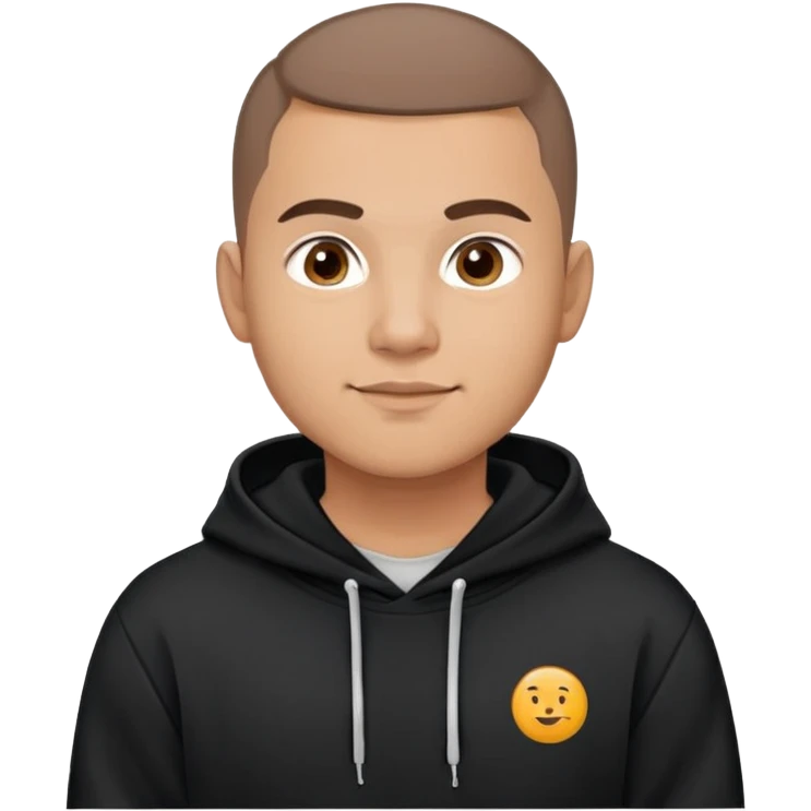 Latino man with light brown warm skin, round face, full cheeks, soft jaw, slight friendly smile, very very short almost buzz cut hair, medium eyebrows, medium eyes, straight nose, medium lips, wearing black hoodie with white logo, practical and hardworking vibe emoji
