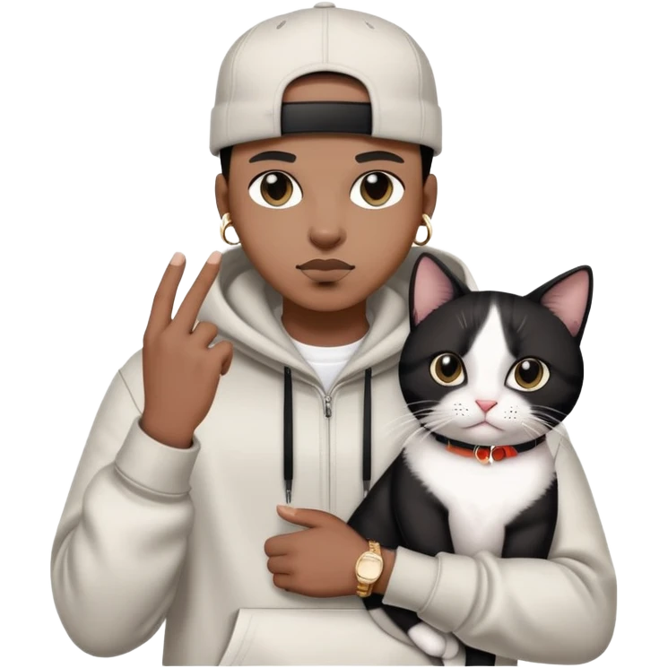 rapper with stylish clothes holding a cute black and white cat emoji