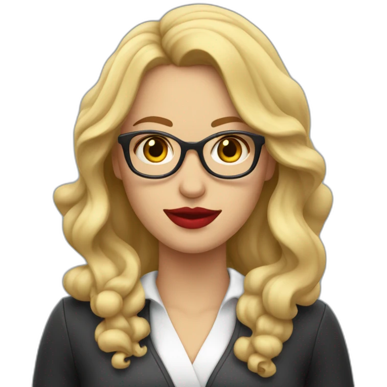 mujer rubia con pelo largo ondulado, con ojos azules, labios rojos y gafas negras emoji