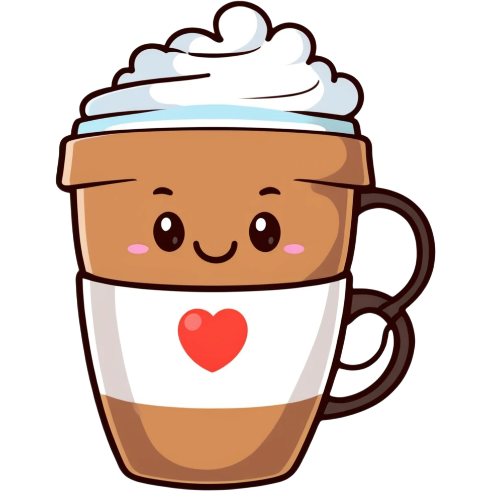 smiling hot coffee cup with heart-shaped steam, different cup design, mocha brown tones, kawaii soft hand-drawn emoji