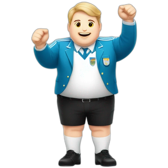 Short hair, obese white man play jumping hand up. argentina uniform. Thumbs up  emoji
