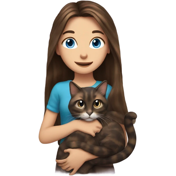 Long haired brunette blue eyed girl holding a long haired tortishell cat emoji