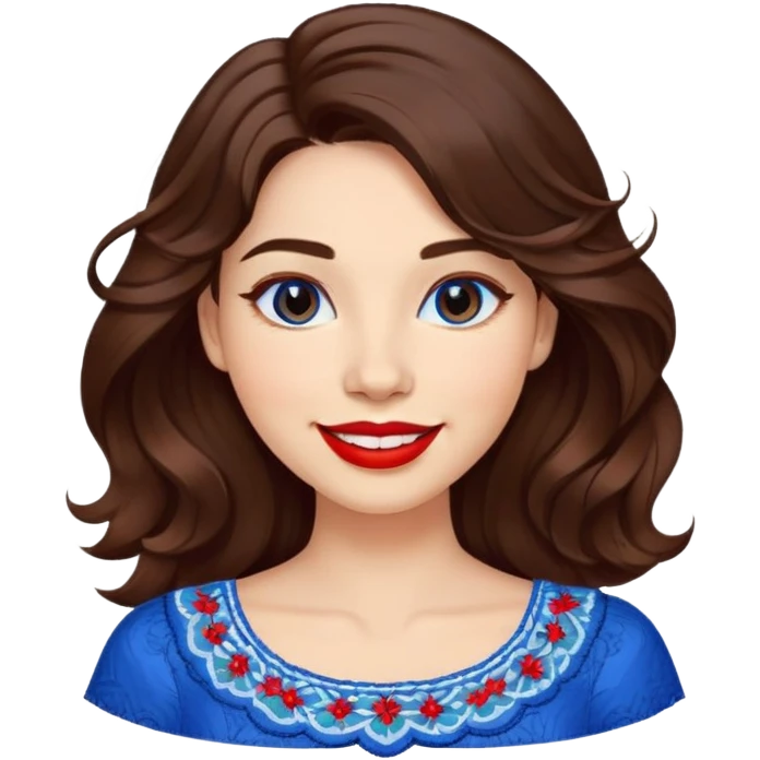Cheerful woman with clear skin, round face, wide friendly smile, big light brown eyes, vibrant red lipstick, shoulder-length wavy dark brown hair, white top with blue embroidery and electric blue neckline emoji