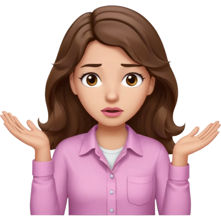 girl with wavy long brown hair, brown eyes, light to medium complexion, long lashes, light pink lipstick, wearing light pink shirt, shrugging with both hands, confused emoji