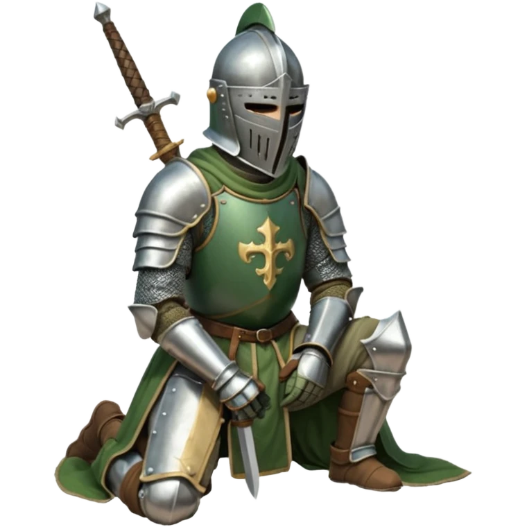 A lone medieval knight in a green worn armor kneels. His helmet is closed, hiding his face, conveying silence, exhaustion and contemplation. A long sword is planted in the ground beside him, its hilt resting near his gloved hands as if he is praying or resting after battle. emoji