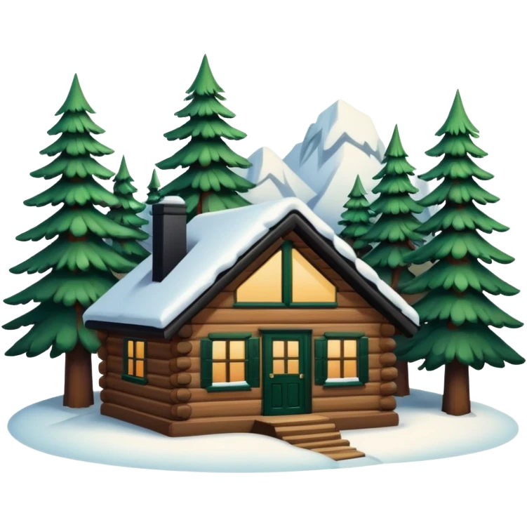 
snowy cabin in the woods, surrounded by pines emoji