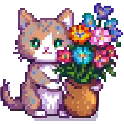 a small cat carrying colorful flowers, pixel art style emoji