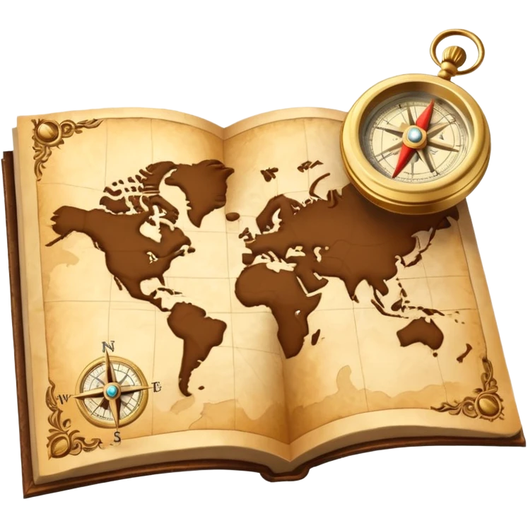 3D Brown golden map with Travel compass pointing to adventure emoji